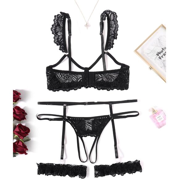 Sensual Underwire Floral Lace Lingerie Set with Garter S-XXL - Nighttime Delight - Picture 2 of 6